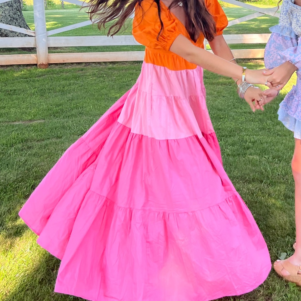 Stunning Block Vibrant Maxi Puff Sleeve Vestique Dress - Picture 2 of 2